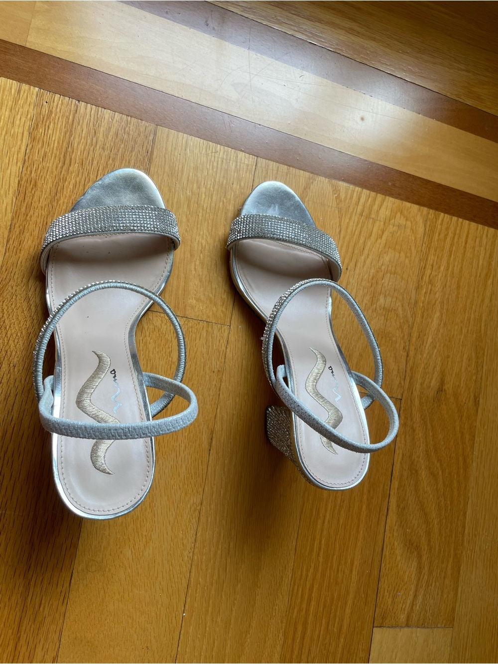 Nina Shoes Silver Rhinestone Ankle-Strap Block Heels